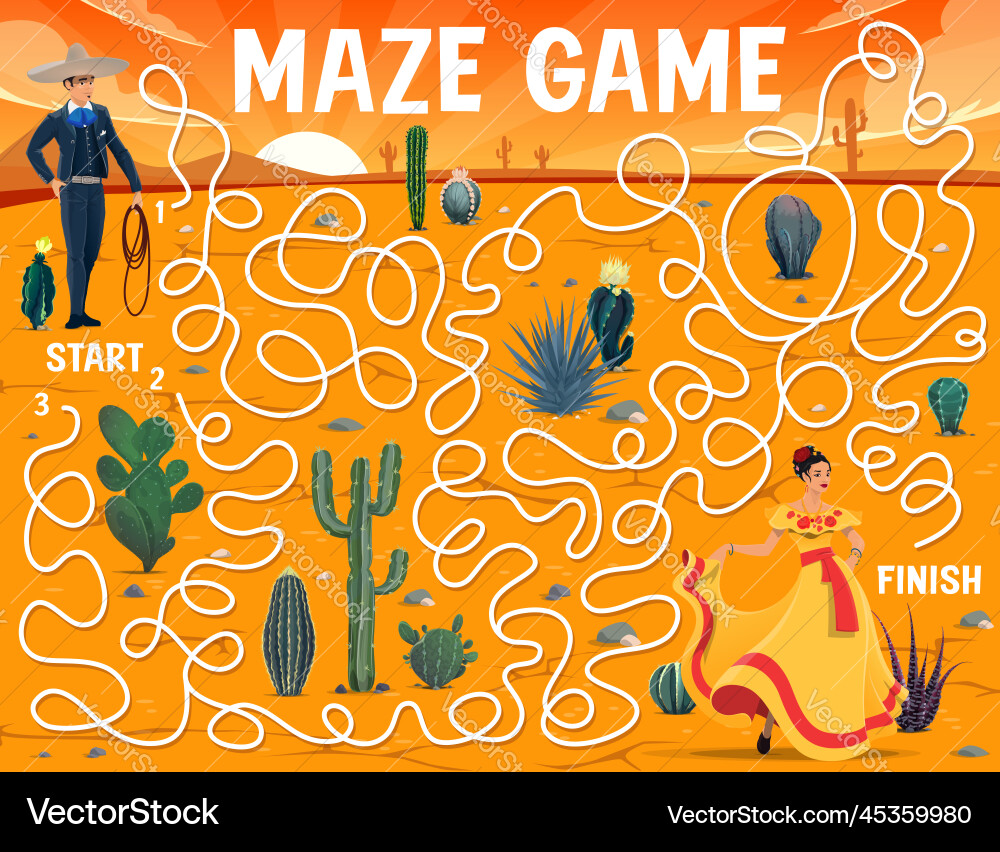 Labyrinth maze mexican cowboy and woman in desert Labyrinth maze mexican cowboy and woman in desert vector image
