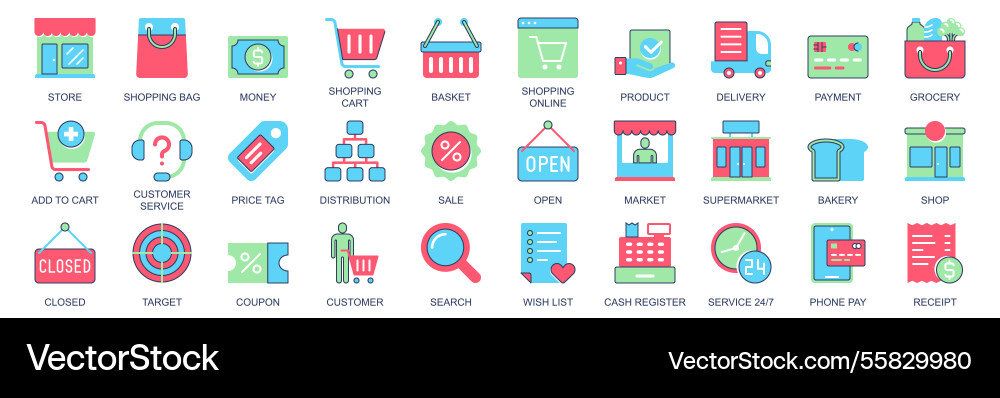 Shopping icon set in flat color icons web design Shopping icon set in flat color icons web design vector image