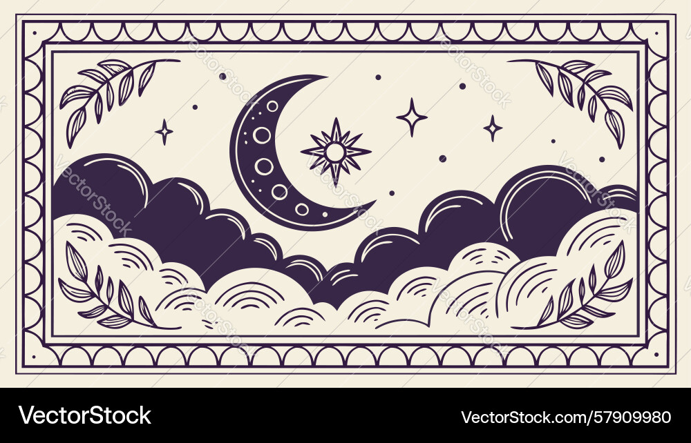 Tranquil moon and stars in simple patterned frame Vector Image