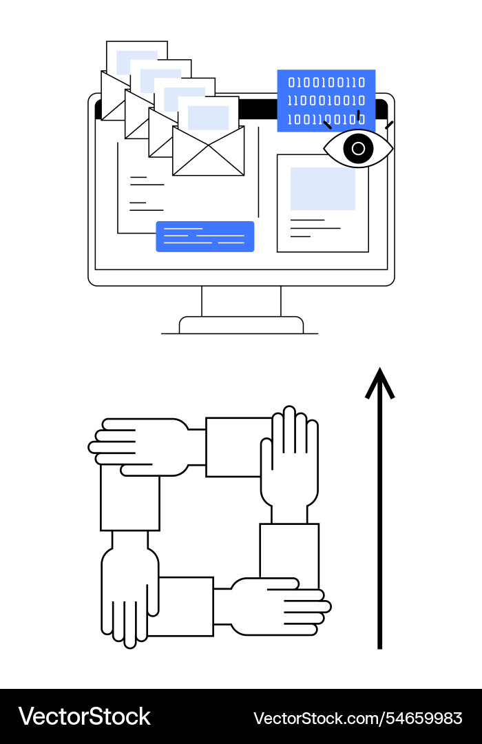 Computer with emails code and hands symbolizing Computer with emails code and hands symbolizing vector image