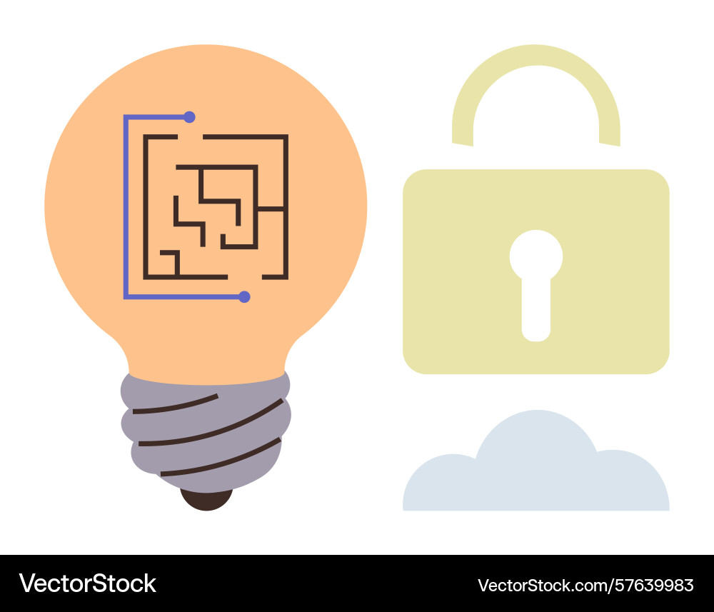Lightbulb with circuit pattern and padlock over Lightbulb with circuit pattern and padlock over Vector Image