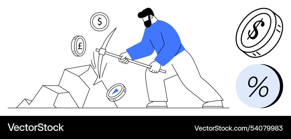 Man mining for currency symbols with pickaxe Vector Image