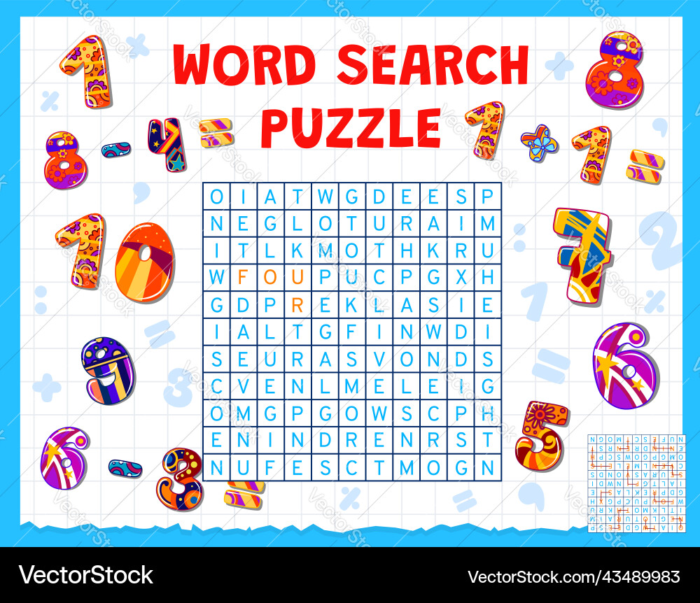 Math numbers and digits word search puzzle game Math numbers and digits word search puzzle game vector image