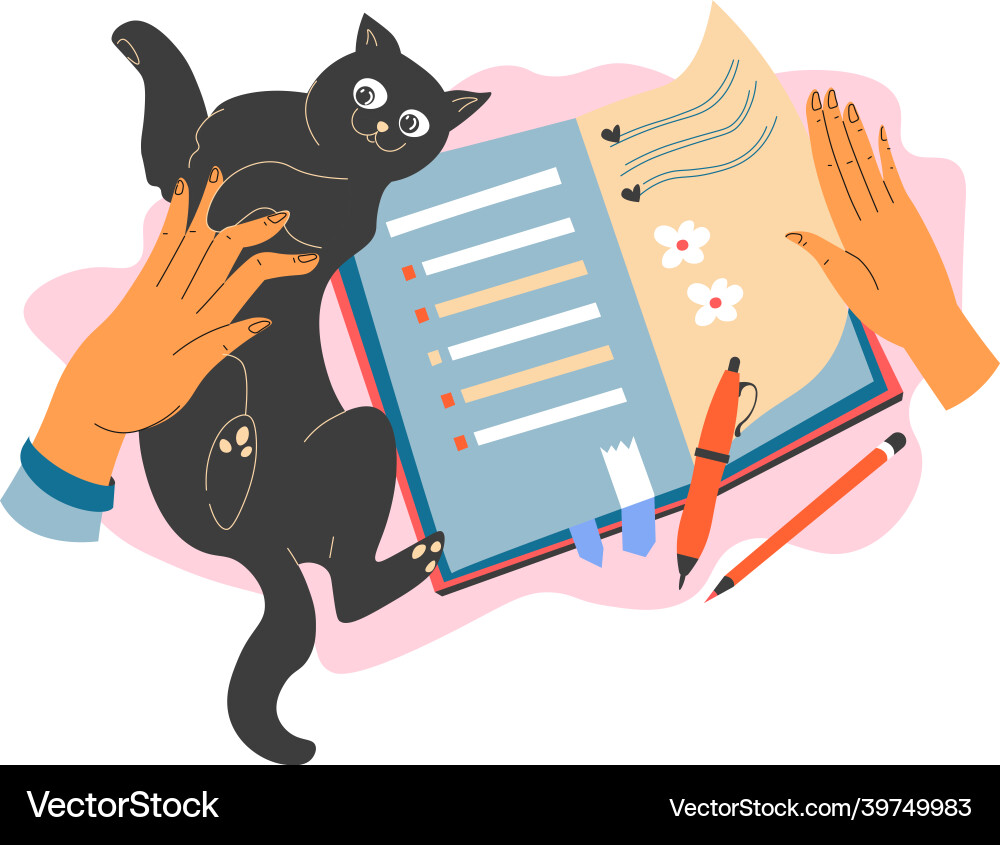 Writing down in diary and playing with cat Writing down in diary and playing with cat Vector Image