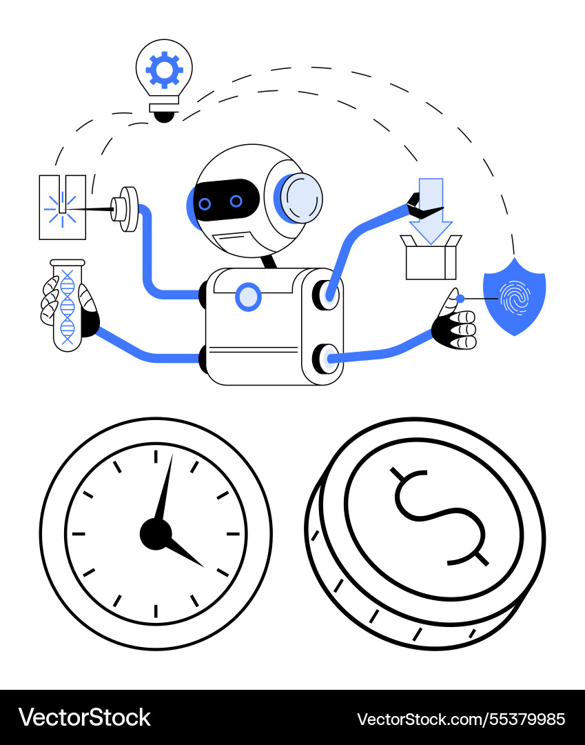 Robot with multiple arms performing various tasks Robot with multiple arms performing various tasks vector image