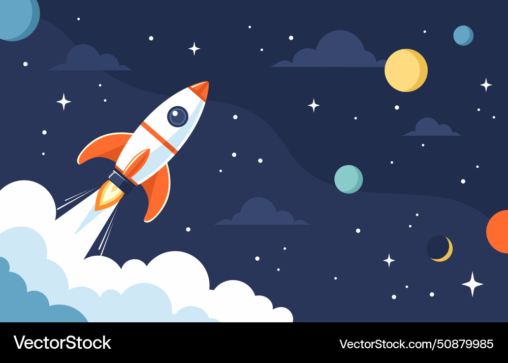 Rocket launch into space with planets and stars vector image