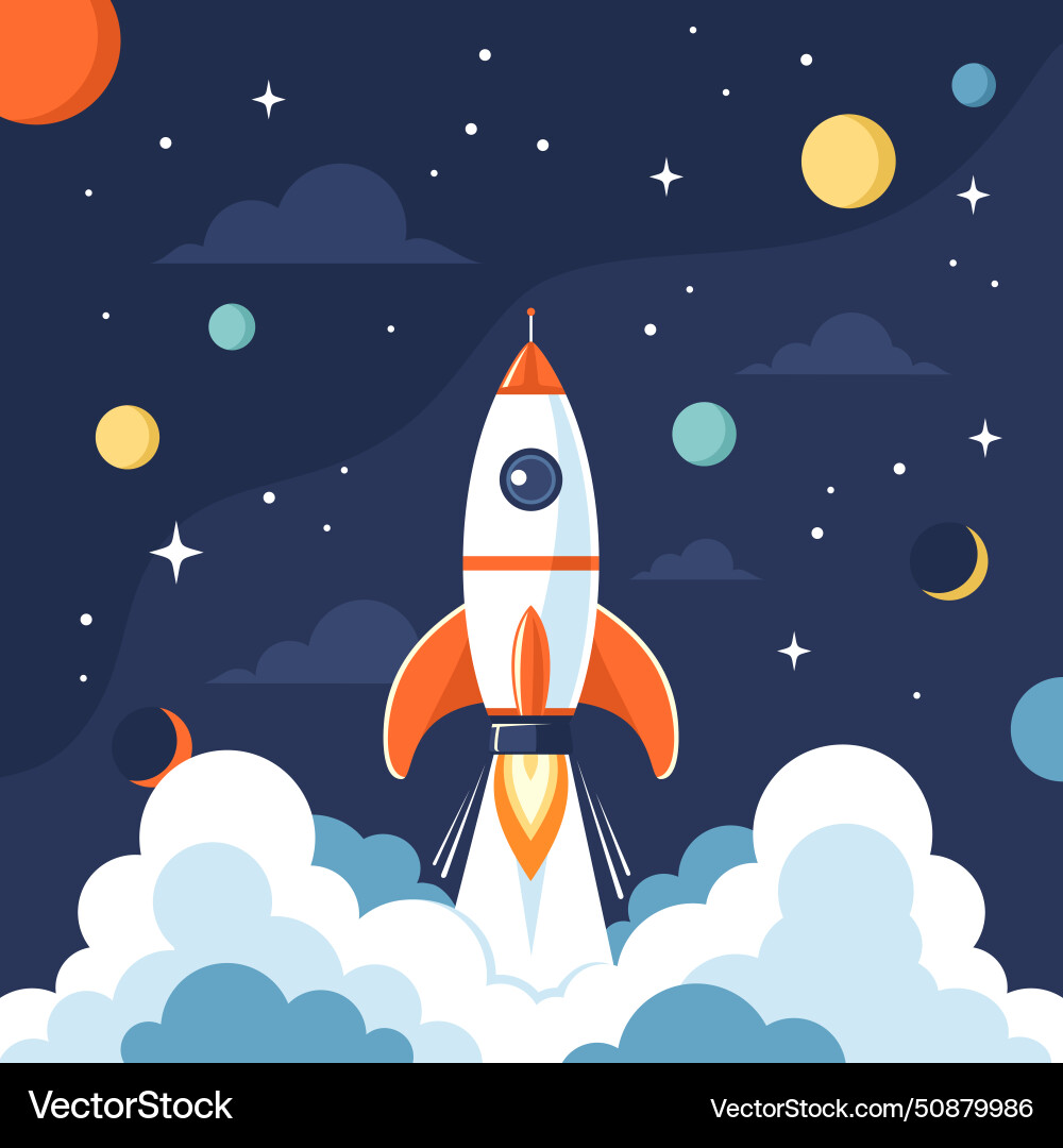 Rocket launch into space with planets and stars Vector Image