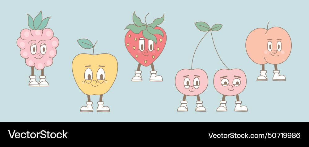 Trendy retro style groovy cartoon fruit characters Trendy retro style groovy cartoon fruit characters vector image