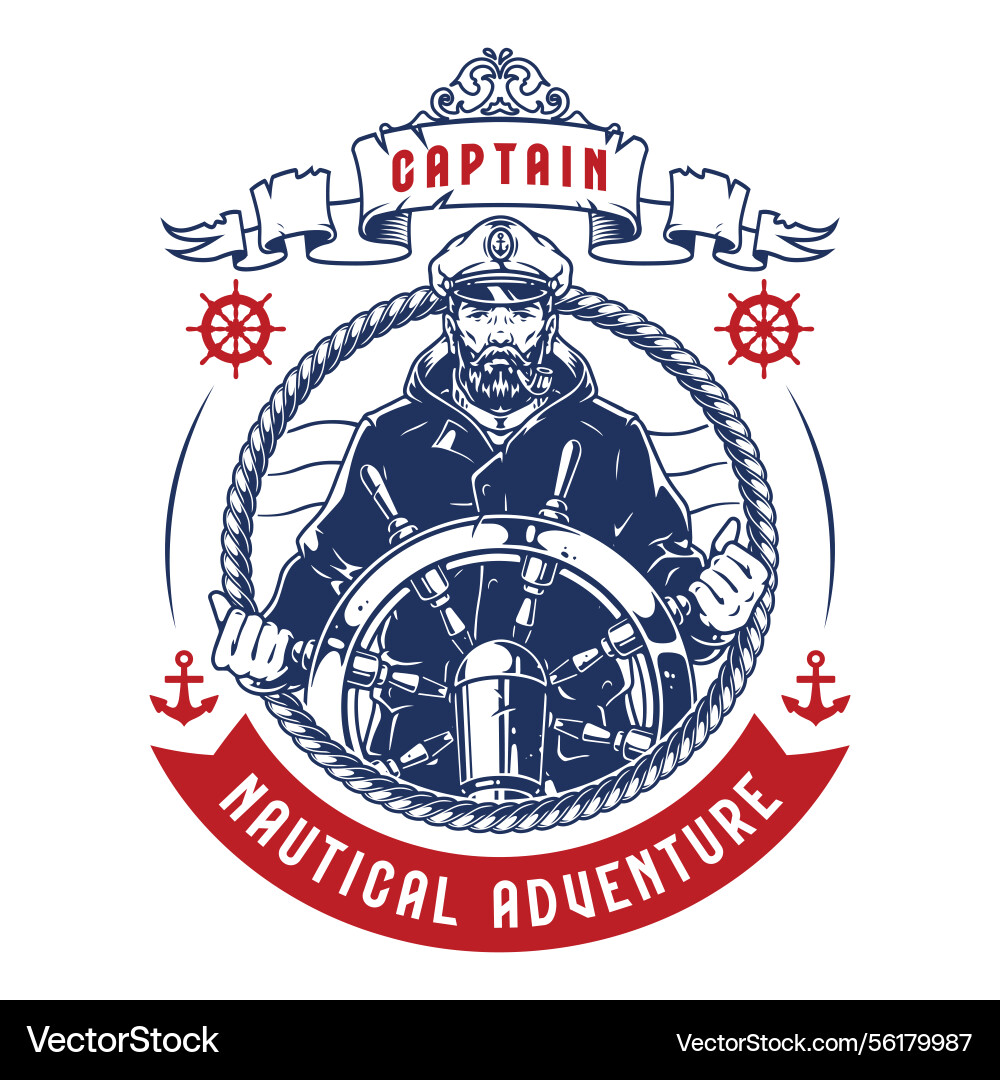 Nautical adventure captain steering the ship Nautical adventure captain steering the ship Vector Image