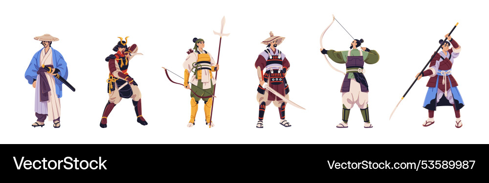Samurais in armor set ancient japanese warriors Vector Image