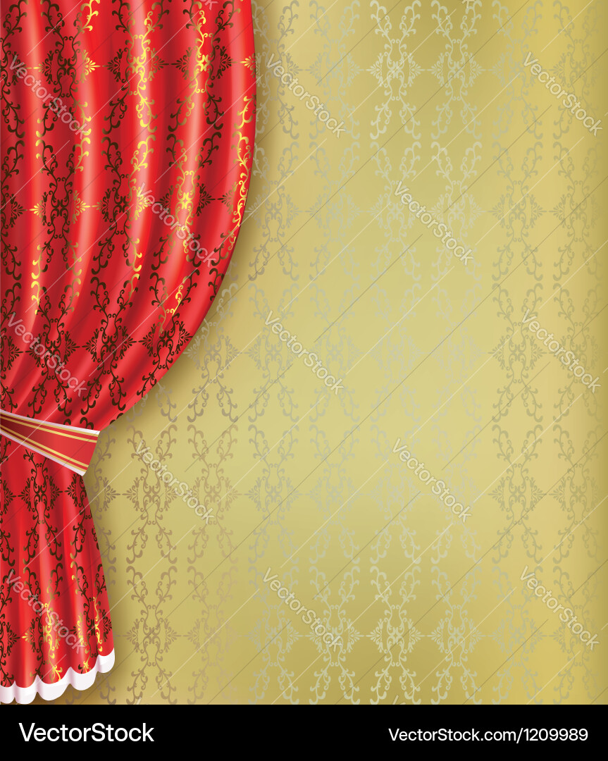 Golden background with red curtain and pattern vector image