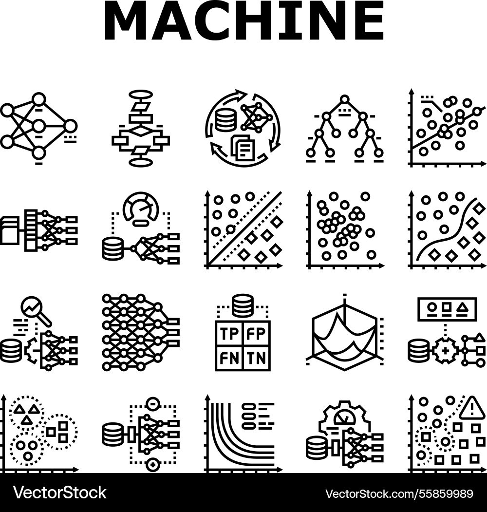 Machine learning algorithm model icons set Machine learning algorithm model icons set vector image