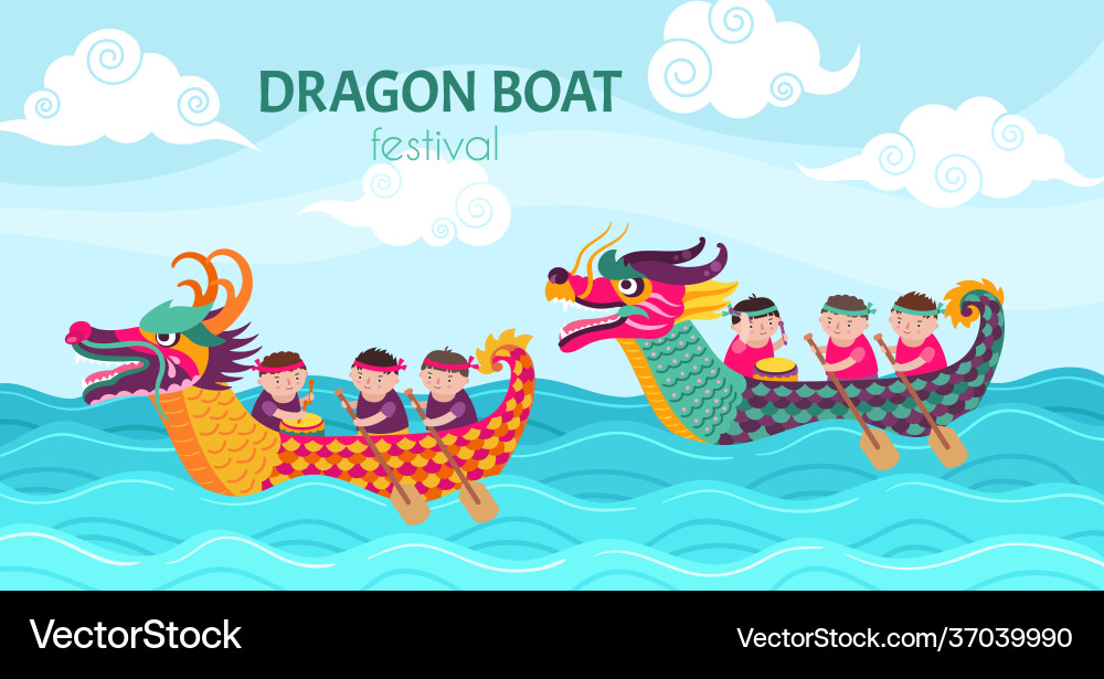 Dragon boat festival dragons boats cartoon boys Dragon boat festival dragons boats cartoon boys vector image
