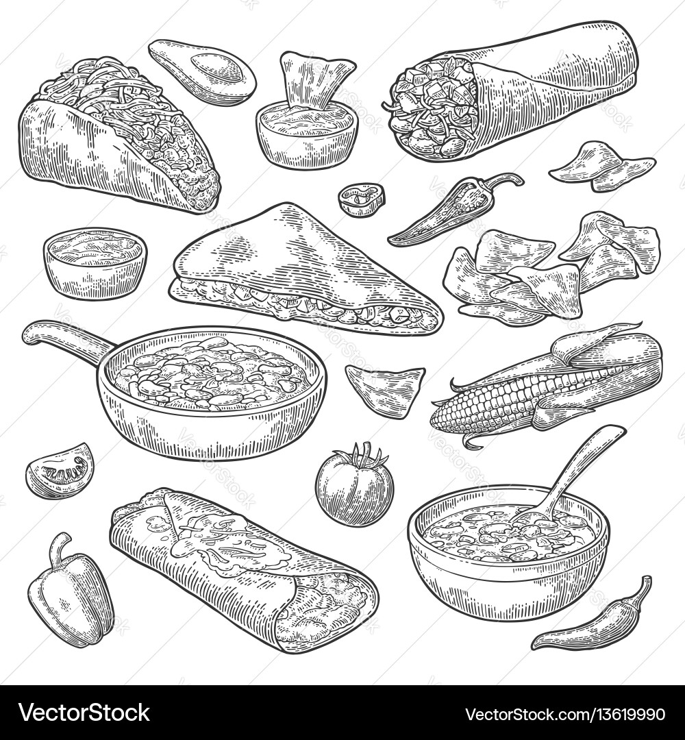 Mexican traditional food set with guacamole Mexican traditional food set with guacamole vector image