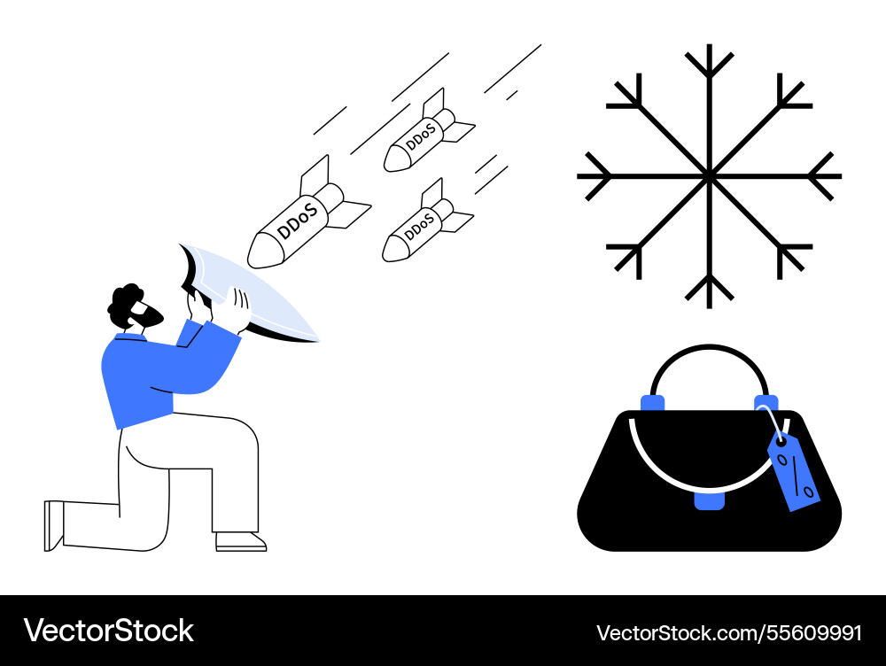 Man deflecting ddos attacks with shield alongside Man deflecting ddos attacks with shield alongside vector image