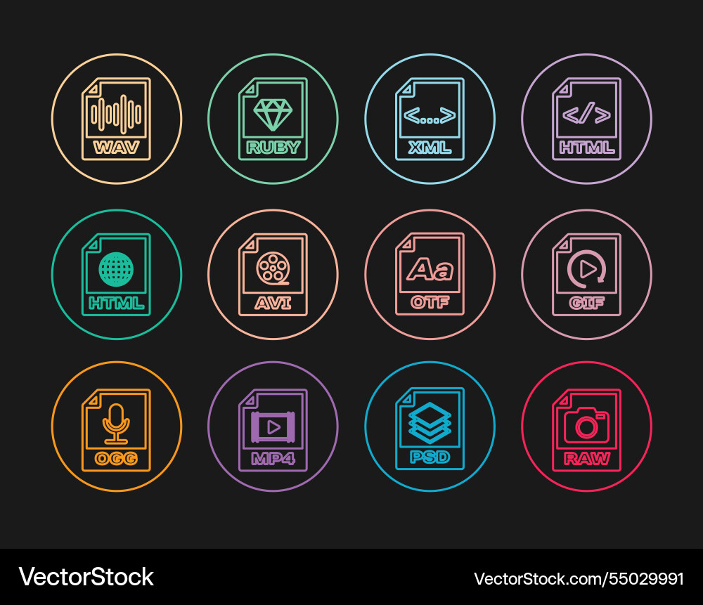 Set line raw file document gif xml avi html wav vector image