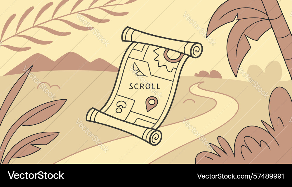 Treasure map rolled scroll in a jungle landscape vector image