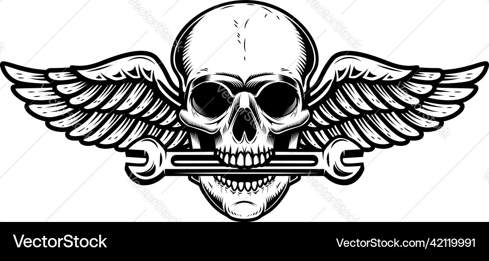 Winged skull with wrench design element for logo Winged skull with wrench design element for logo Vector Image