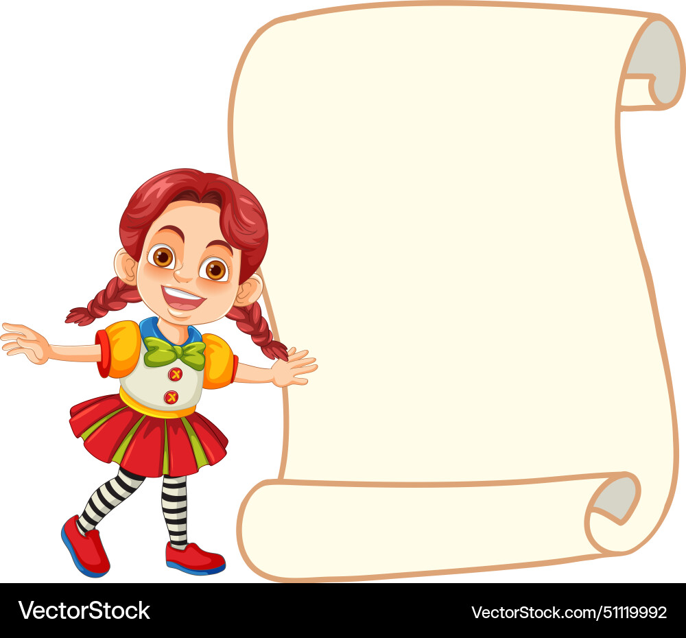 Happy clown presenting an empty parchment scroll Vector Image