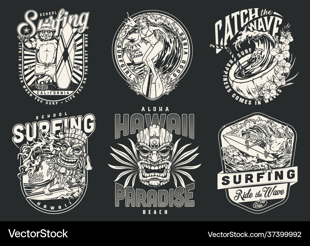 Vintage Surfing Emblems & Icons Vector Image