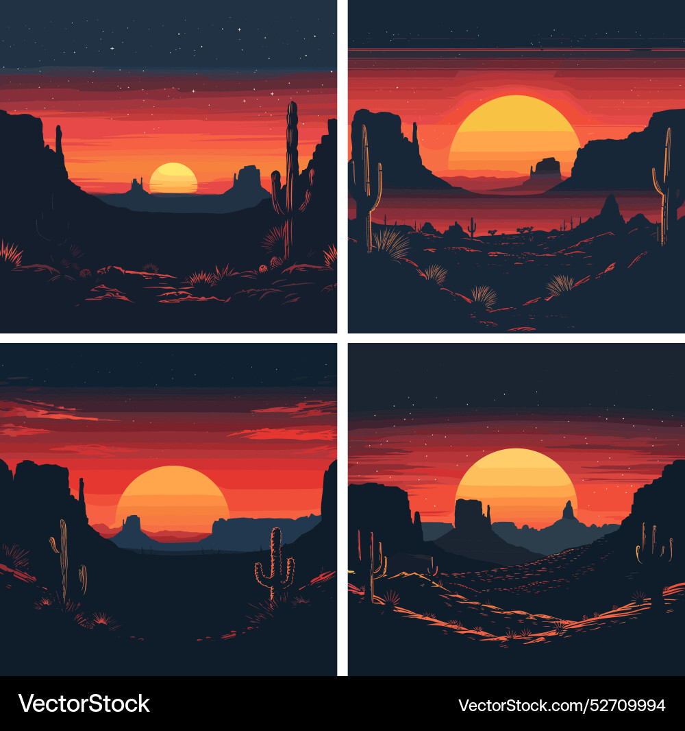 Arid sunset cactus terrain cartoon scenes Arid sunset cactus terrain cartoon scenes vector image