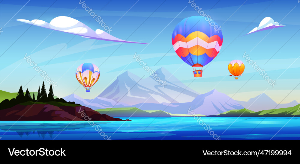 Heißluftballon am Himmel über dem Seewasserkarikatur Heißluftballon am Himmel über dem Seewasserkarikatur vektorbild