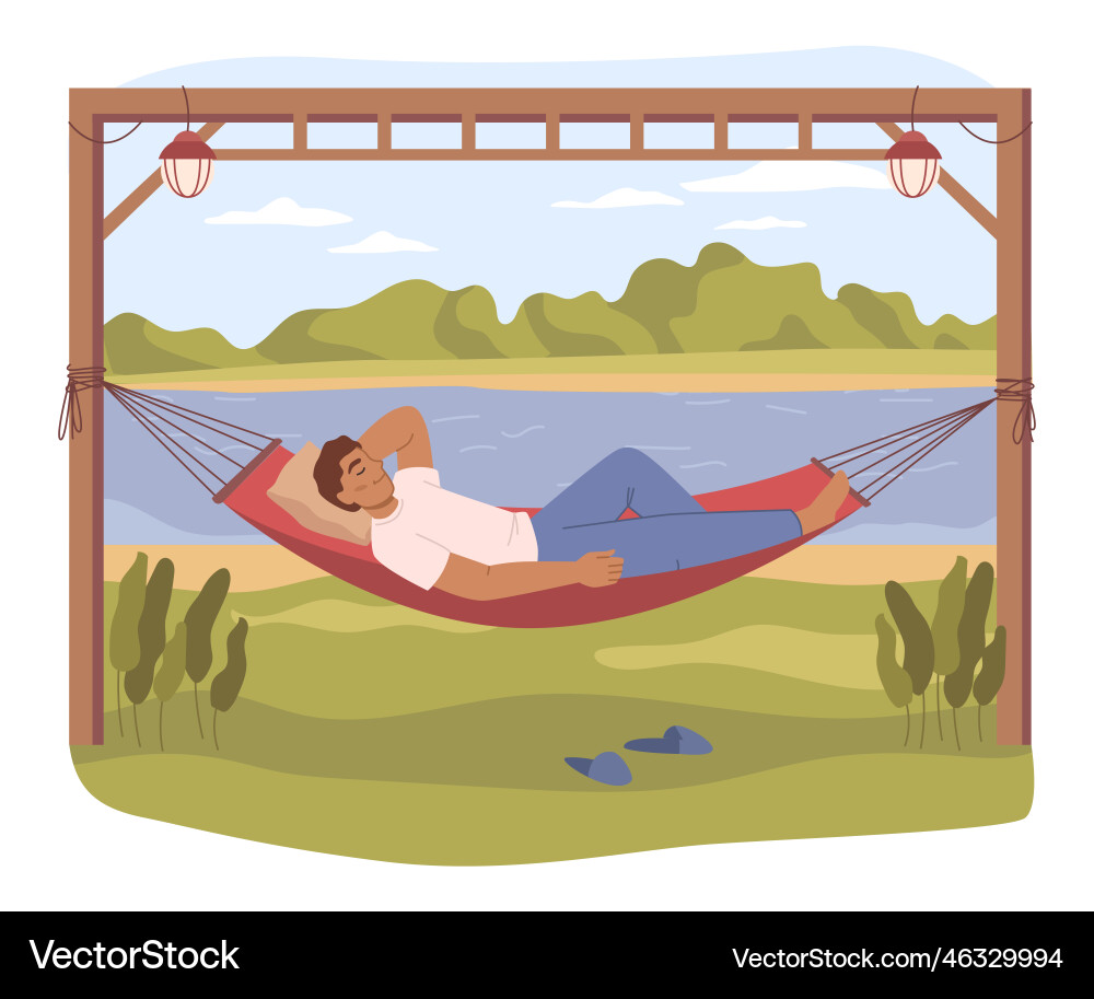 Man Relaxing in Hammock by Lake Vector Image