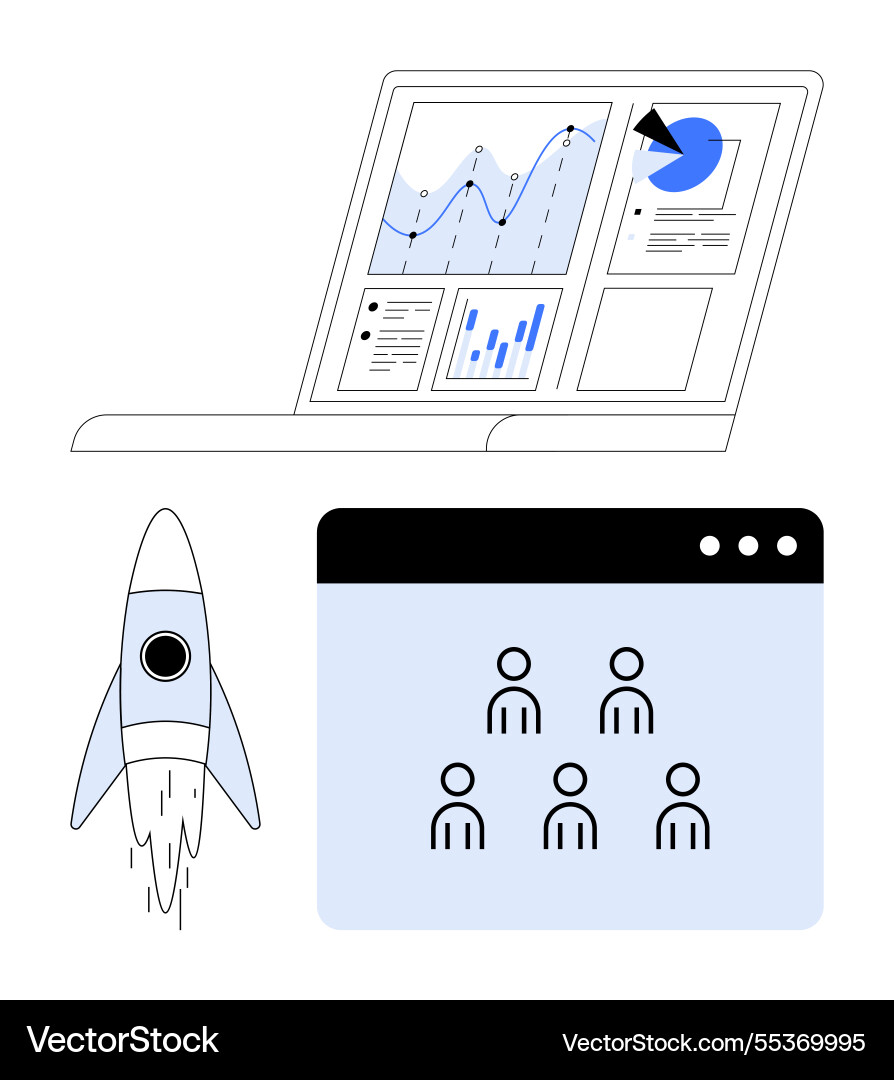 Data analytics dashboard rocket launch and team Data analytics dashboard rocket launch and team vector image