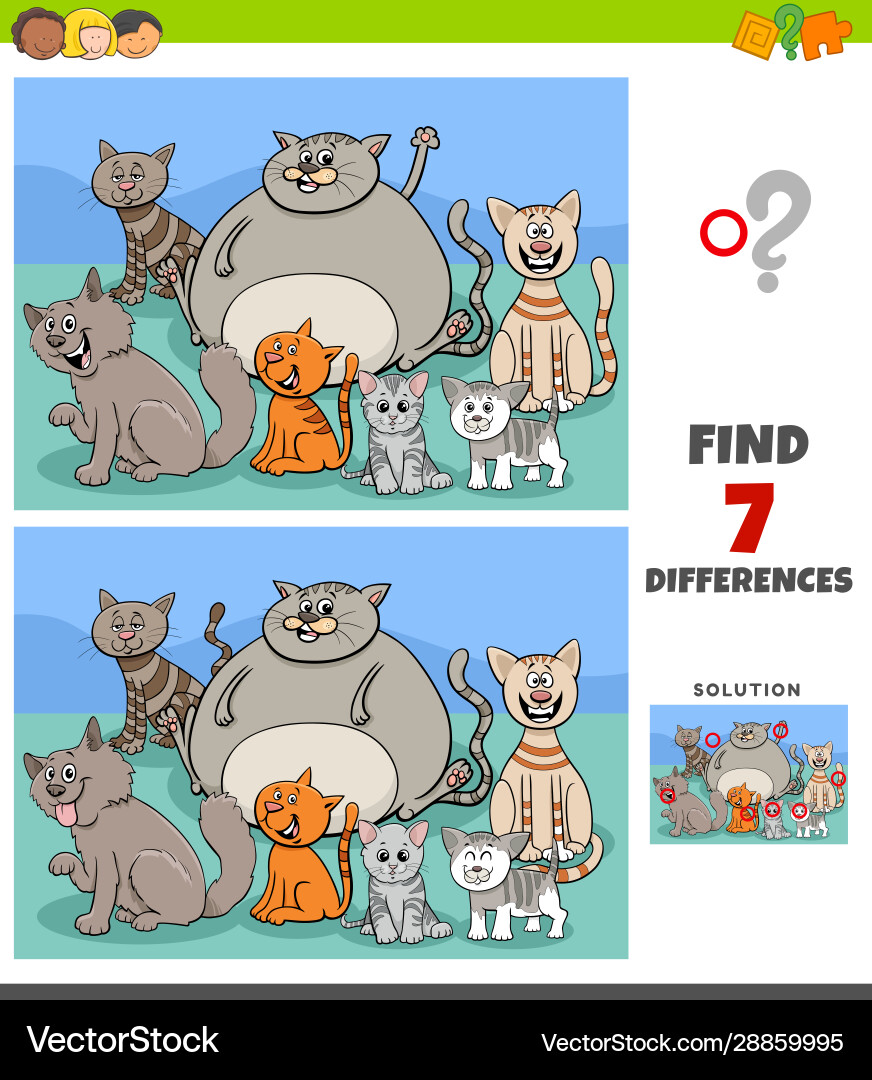 Differences game with funny cats group Differences game with funny cats group vector image