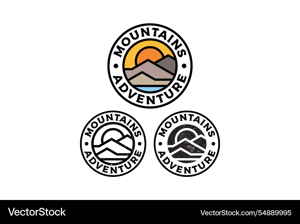 Mountain peaks with sun and lake circle badge logo Mountain peaks with sun and lake circle badge logo vector image