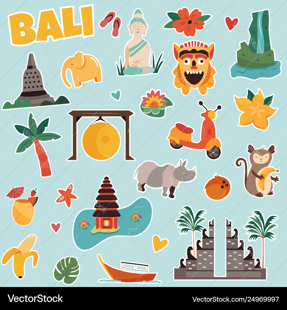 Bali Stickers - Tropical Landmarks Vector Image
