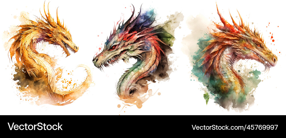Chinese red dragon set hand drawn watercolor Chinese red dragon set hand drawn watercolor vector image