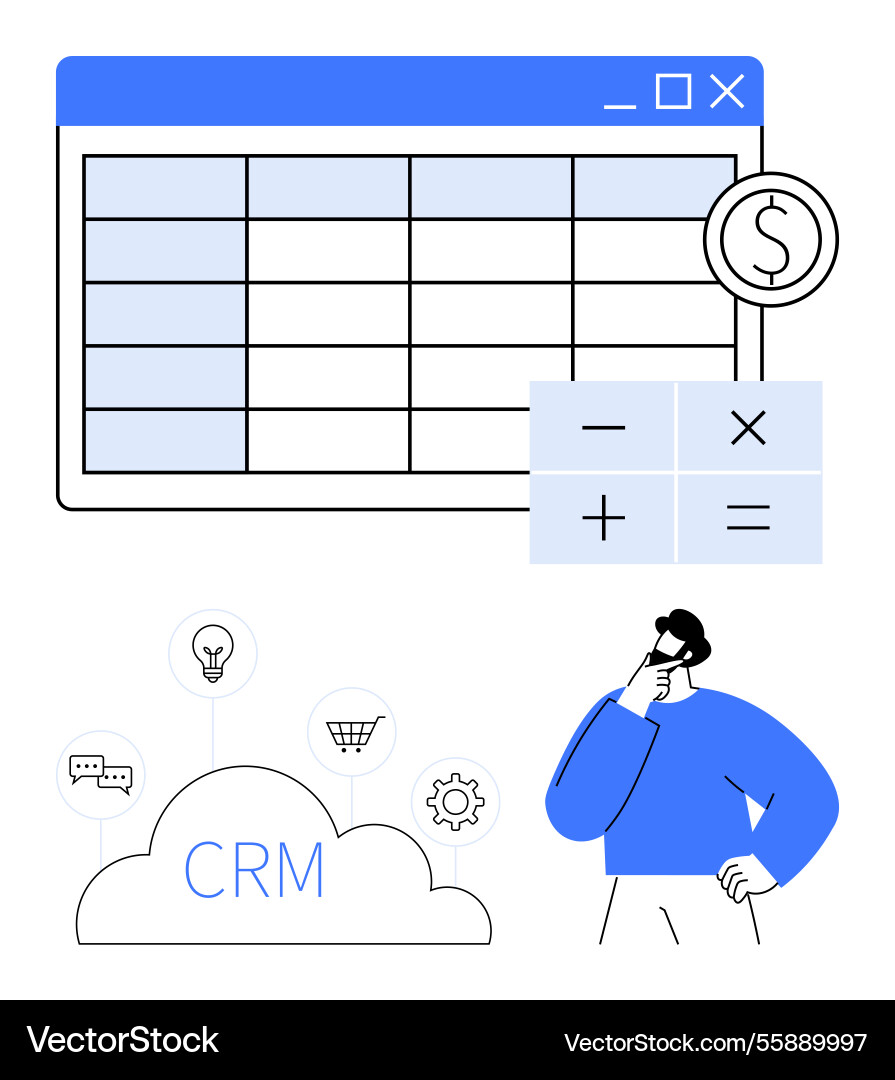 Crm system visualization with data table Crm system visualization with data table vector image