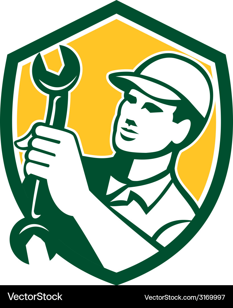 Mechanic holding spanner wrench shield retro Vector Image