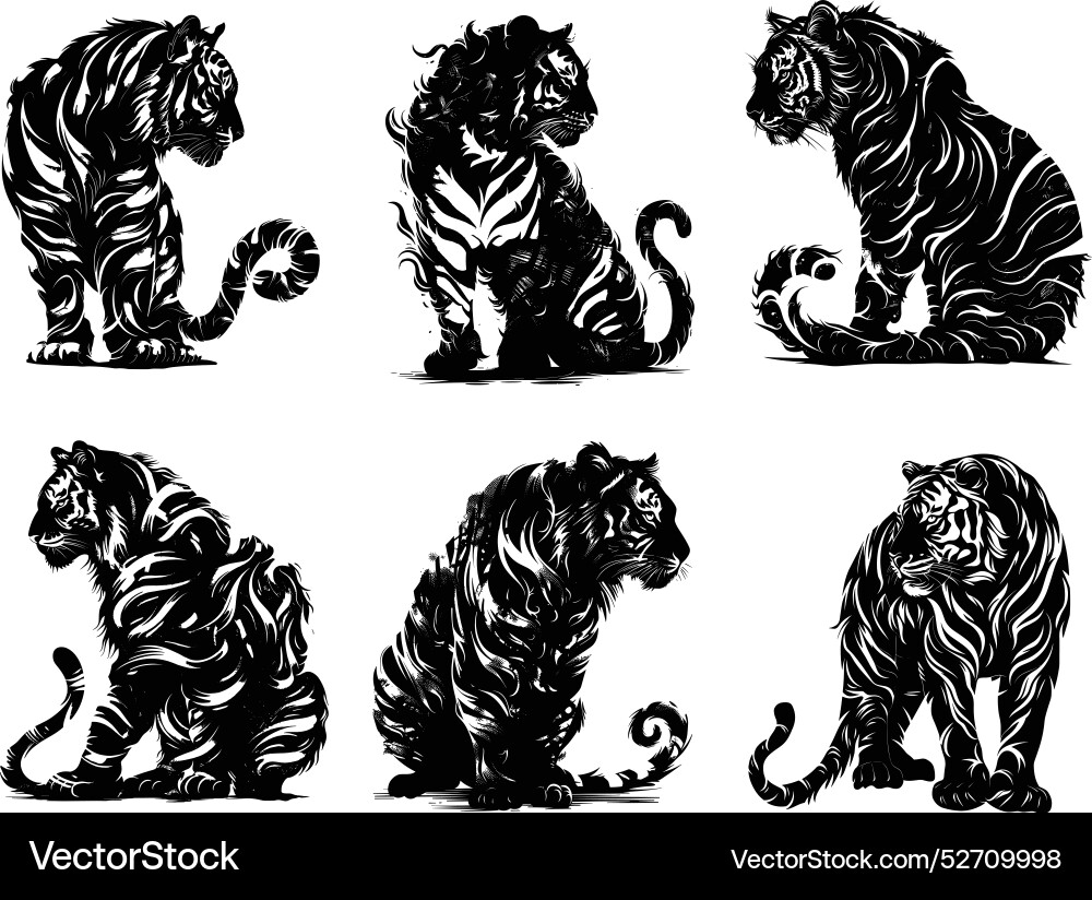 Black tiger ink drawing set wild large Black tiger ink drawing set wild large vector image