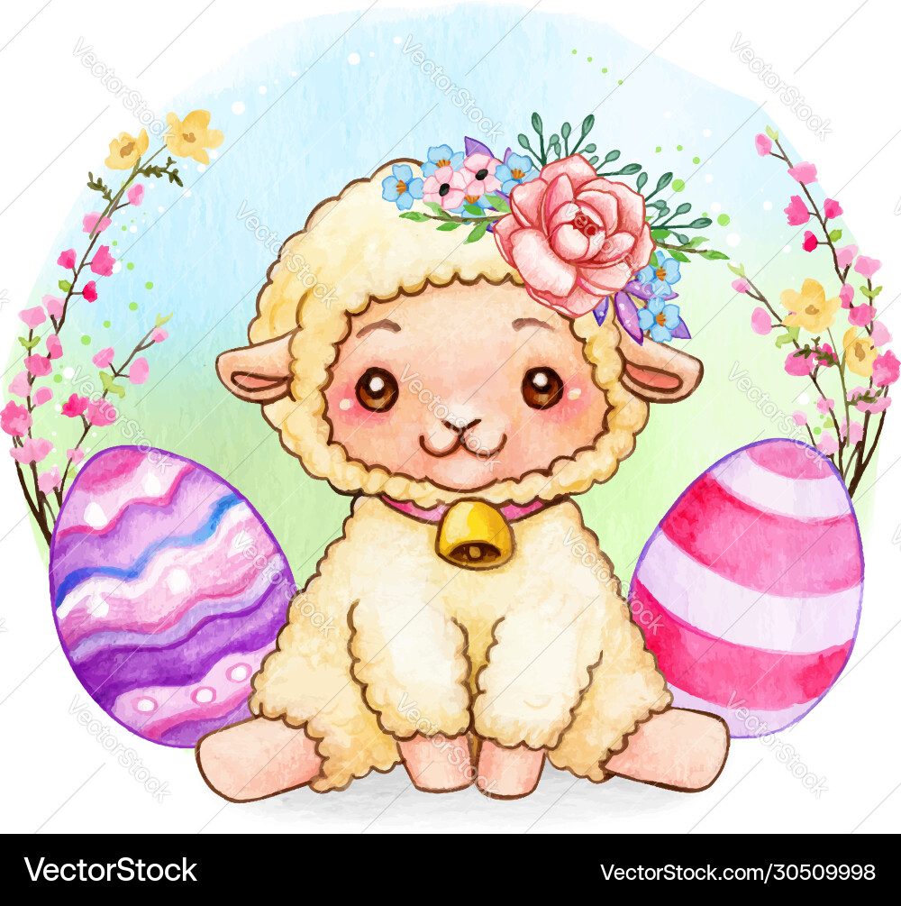 Cute watercolor easter lamb with flowers Cute watercolor easter lamb with flowers vector image