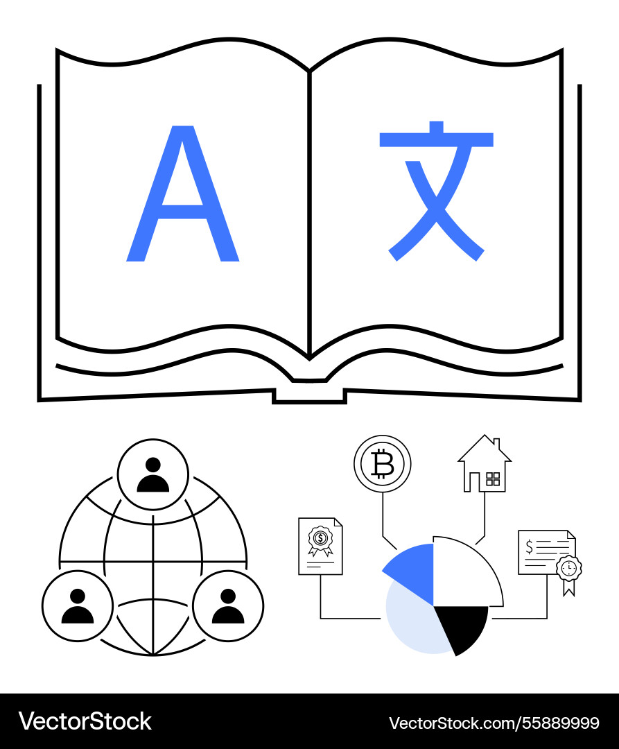 Open book with multilingual letters global Open book with multilingual letters global Vector Image
