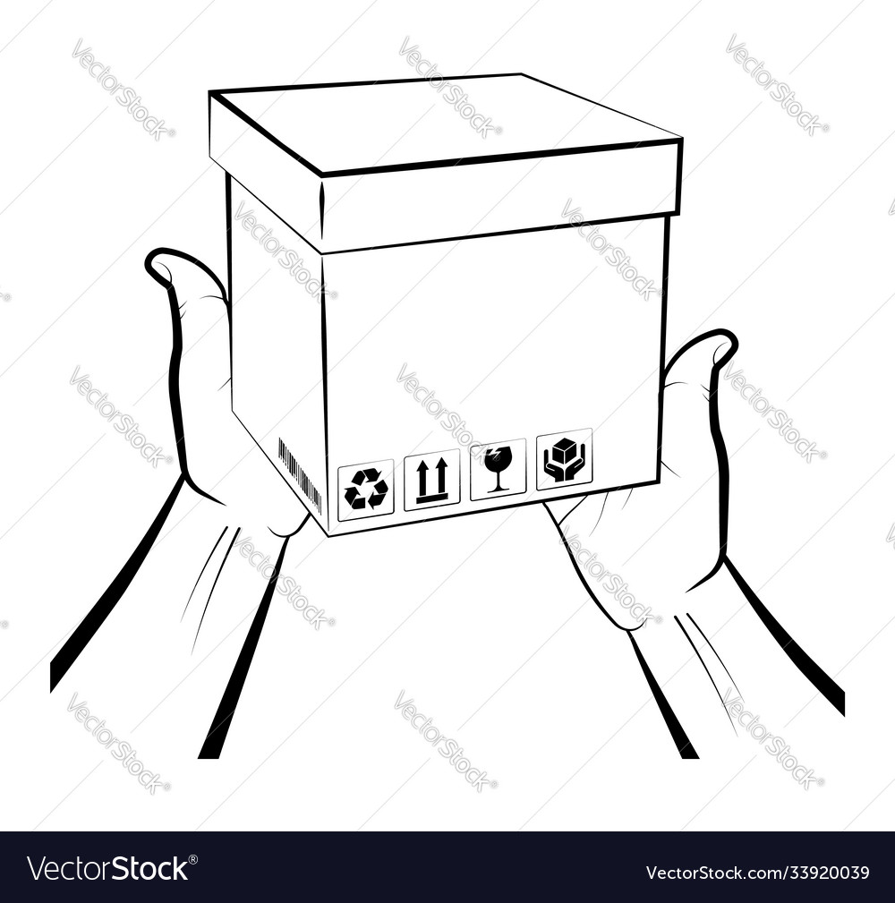 Mens hands hold a box with barcode and cargo Vector Image