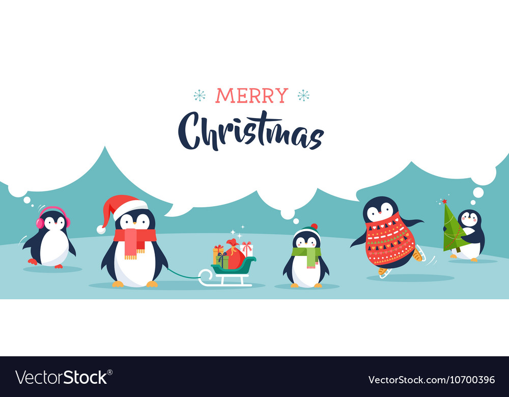Download Cute penguins banner - Merry Christmas greetings Vector Image