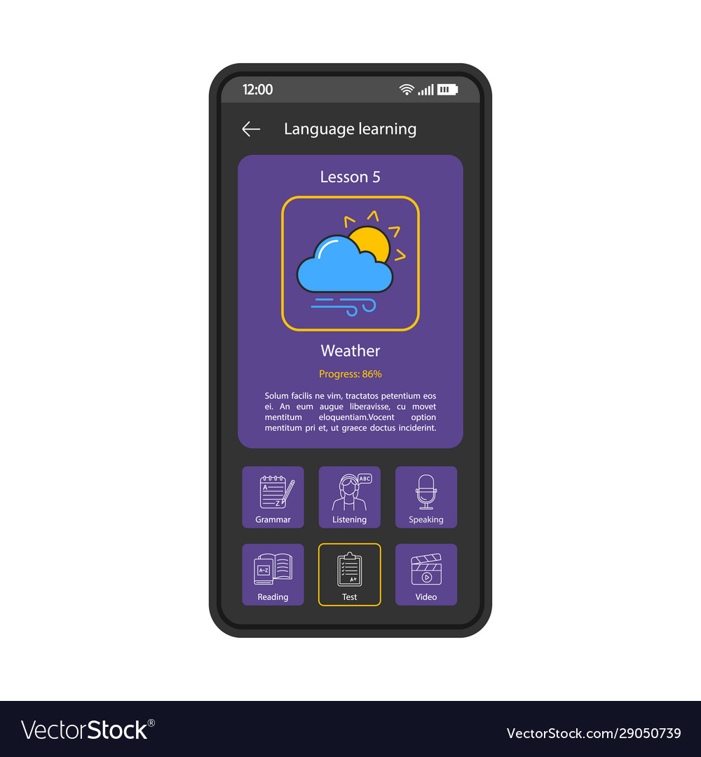 Language learning app smartphone interface Vector Image