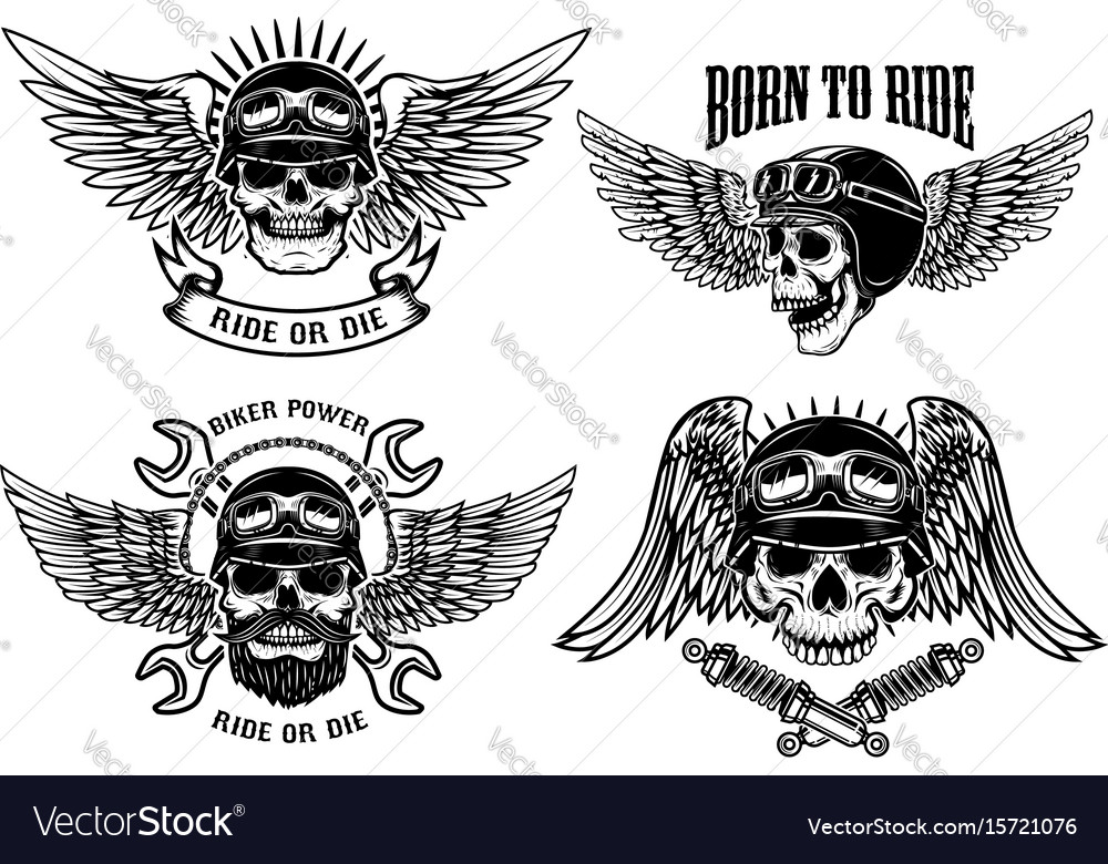 Download Born to ride set of biker skulls with wings and Vector Image