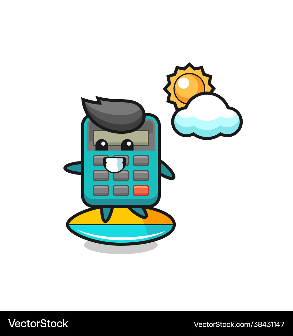 Calculator cartoon do surfing on beach Royalty Free Vector