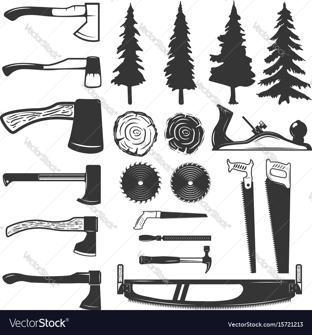 Set Of Carpenter Tools Wood And Trees Icons Vector Image Set Of Carpenter Tools Wood And Trees Icons Vector Image