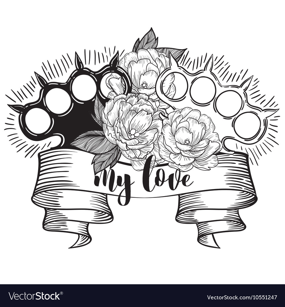 brass knuckles in roses old tattoo style vector image brass knuckles in roses old tattoo style vector image