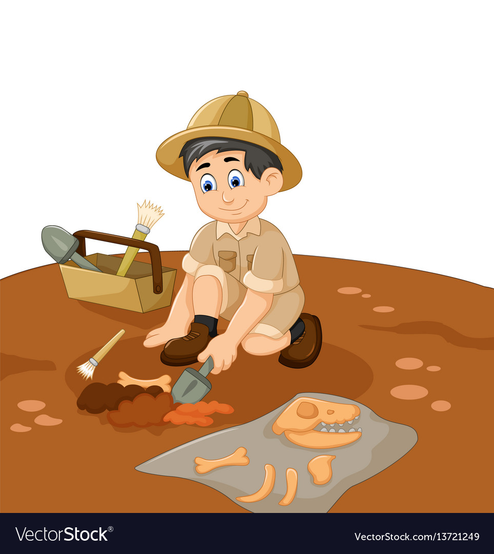 Cute man archaeologists cartoon searching fossil Vector Image
