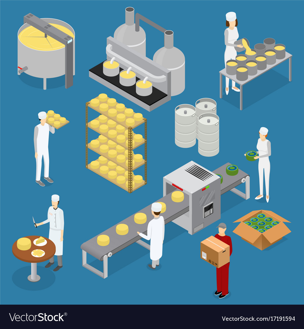 Factory cheese production line elements and staff Vector Image