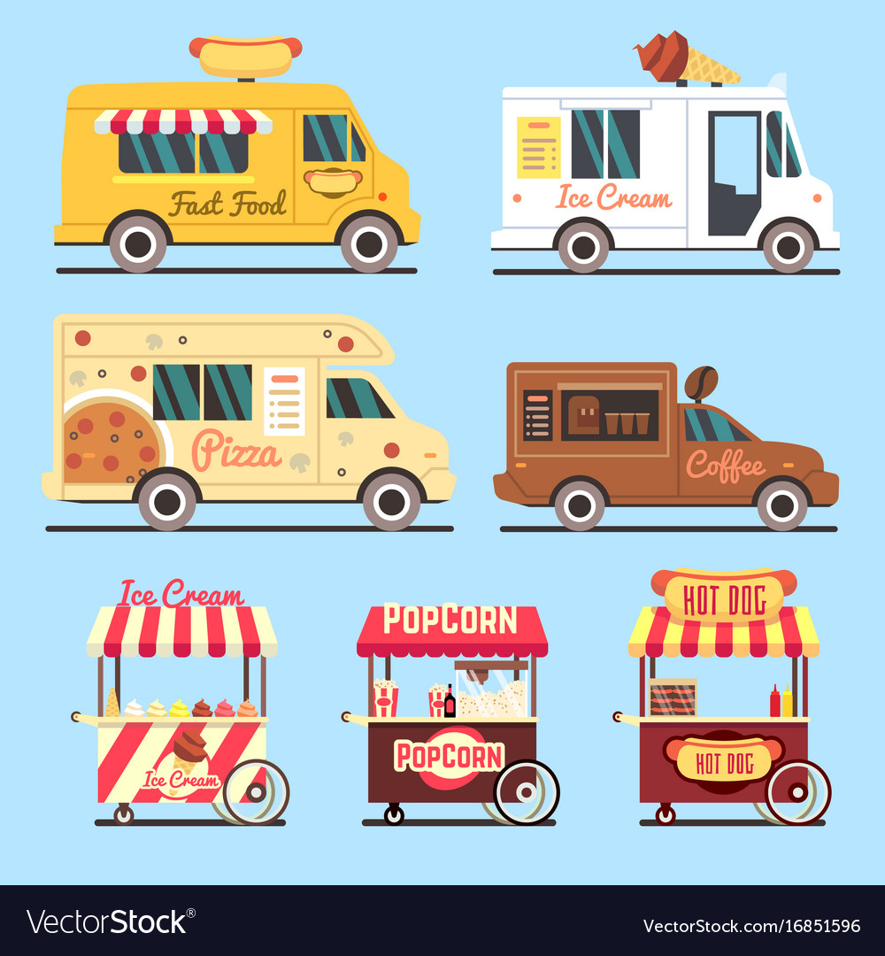 Street fast food delivery trucks flat set Vector Image