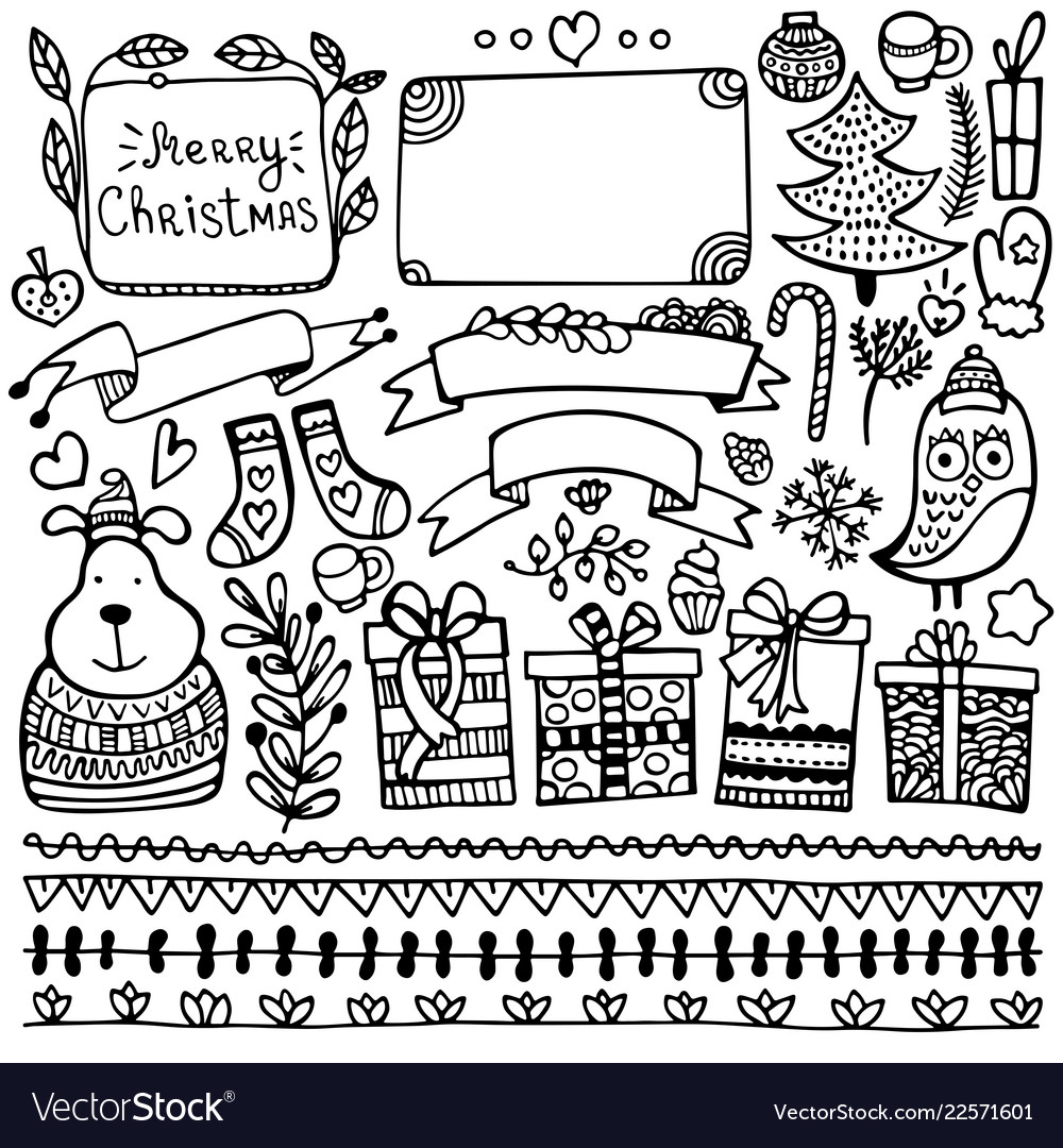 Set of bullet journal doodle christmas elements Vector Image