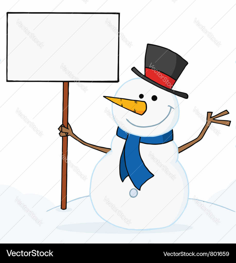 Snowman waving and holding a sign Royalty Free Vector Image