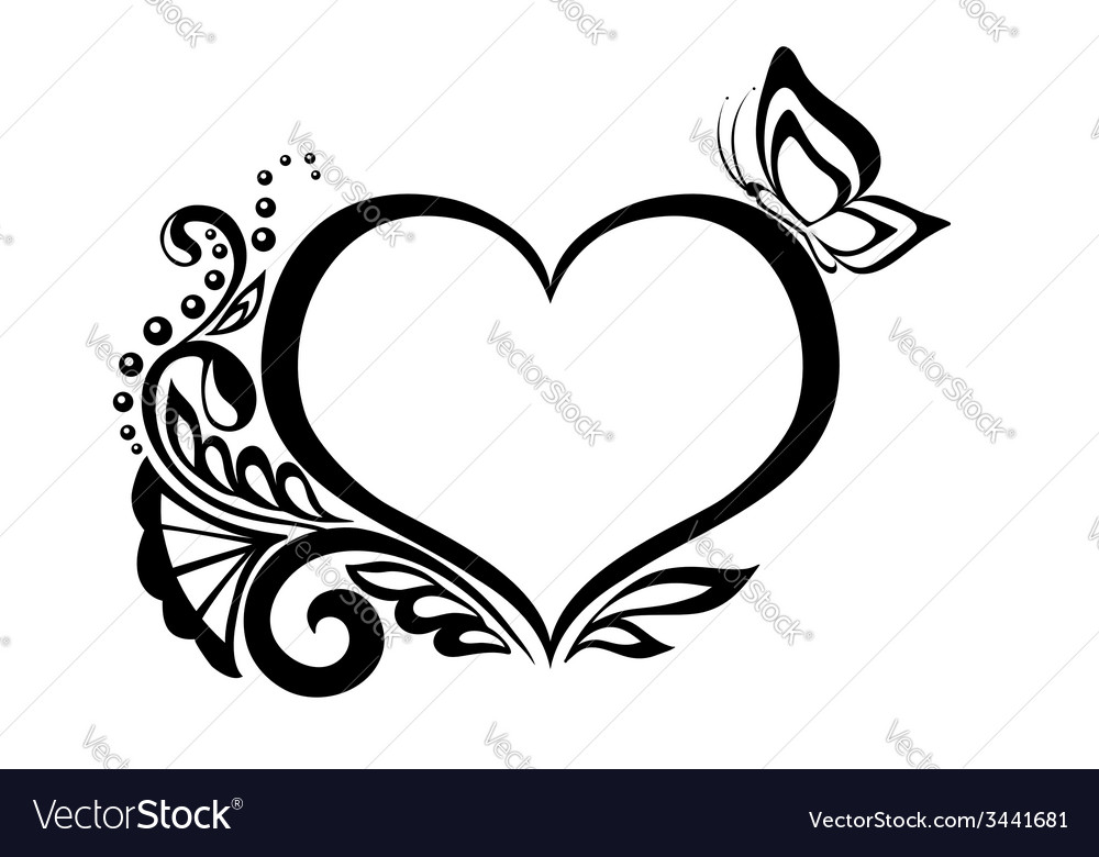 black and white heart with floral design vector image black and white heart with floral design vector image